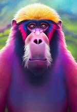Funny Adorable Portrait Headshot Of Cute Mandrill. South American Land Animal Standing Facing Front. Looking To Camera. Watercolor Imitation Illustration. AI Generated Vertical Artistic Poster.