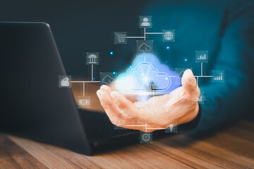 Poster - Businessman working at cloud data icon, cloud computing diagram show on hand. Cloud technology. Data storage. Networking and internet service concept.