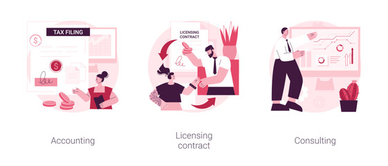 Poster - Professional help abstract concept vector illustration set. Accounting, licensing contract, consulting firm, tax advisor, audit service, expert advice, software copyright, agreement abstract metaphor.