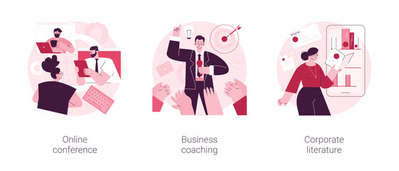 Poster - business training abstract concept vector illustration set. online conference, business coaching and