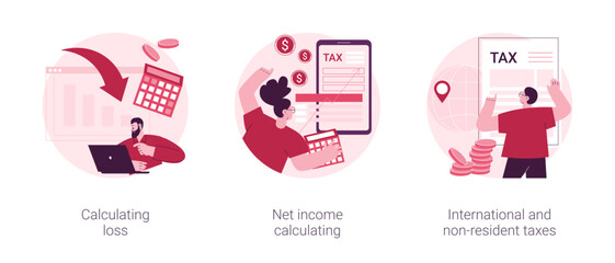 Poster - Accountancy service abstract concept vector illustration set. Calculating loss, net income calculating, international and non-resident taxes, profit estimation, net income formula abstract metaphor.