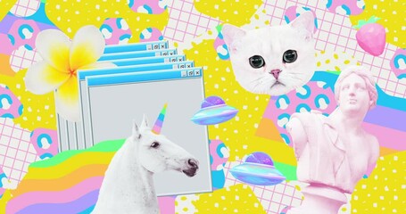 Wall Mural - Modern photo collage loop animation. Creative unicorn fantasy retro world
