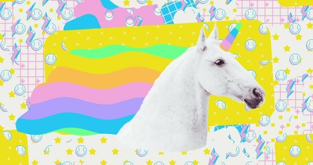 Wall Mural - Modern photo collage loop animation. Creative unicorn fantasy world