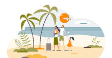 Family On Vacation And Parents With Children At Tropical Beach Tiny Person Concept, Transparent Background. Holiday Activity To Spend Quality Time Together Illustration.