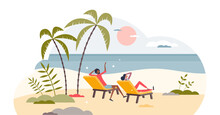 Retirement And Retired Young Couple Leisure At Beach Tiny Person Concept, Transparent Background. Enjoy Freedom At Tropical Resort Illustration. Getaway Rest Holiday After Work Years.