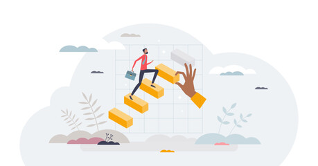 Wall Mural - Promotion steps climbing as successful career growth tiny person concept, transparent background. Employee evolution and position improvement with financial growth illustration.