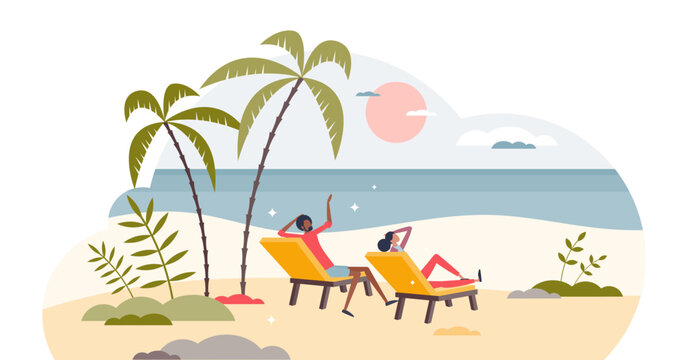 retirement and retired young couple leisure at beach tiny person concept, transparent background. en