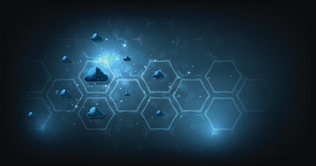 Cloud computing concept.Cloud storage with data protected exchange Cloud computing, big data center, on dark blue background.Cloud Technology illustration concept.	