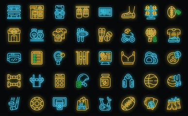 Poster - Sporting goods store icons set outline vector. Sport shop. Store goods neon color on black