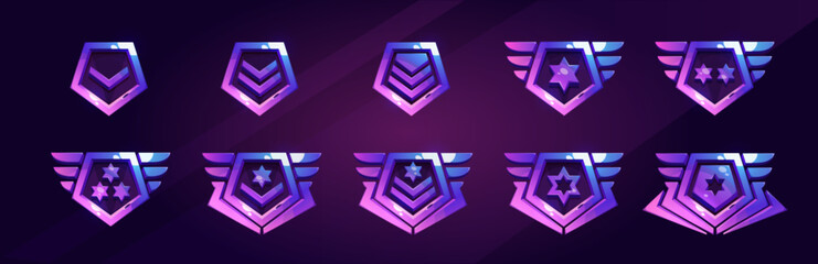 Poster - Set of military game rank badges isolated on background. Vector cartoon illustration of shiny metal pentagonal insignia medals with stars, chevrons, wings. Gui progress symbol. Award for achievement