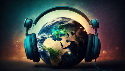 Wall Mural - earth globe with headphones made by Generative AI