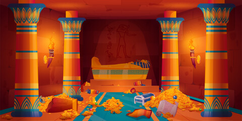 Poster - ancient egyptian temple cartoon game vector background with tomb. old civilization palace interior i
