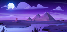 Pyramids In Egypt Desert Near Nile River Vector Night Cartoon Landscape. Ancient Egyptian Pyramid And Sphinx Landscape With Full Moon Near Cairo. Dark Moonlight Scene With Stars And Sahara Nature.