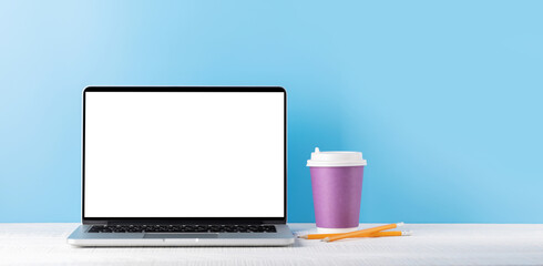 Laptop with blank screen for your message, app or web