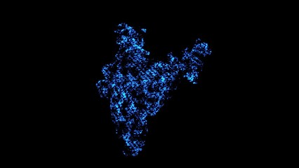 A map of the India country consisting of stars of shimmering blue particles on a black background.