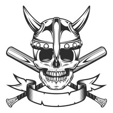 Viking Skull In Horned Helmet And Ribbon With Baseball Bat Club Emblem Design Elements Template In Vintage Monochrome Style Isolated Vector Illustration