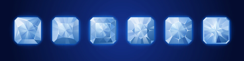 Poster - cartoon set of diamond crystals isolated on dark background. vector illustration of square gem stone