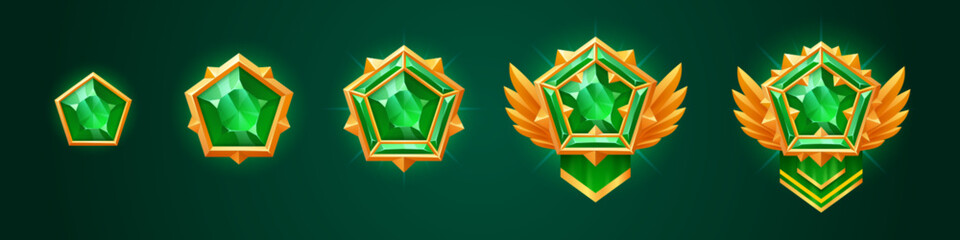 Wall Mural - Cartoon set of emerald game rank badges isolated on background. Vector illustration of shiny pentagonal medal with green gemstone decorated with golden frame, wings, silk ribbons. Gui design element