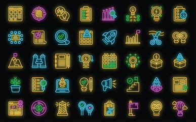 Poster - launch project icons set outline vector. rocket boost. start business neon color on black