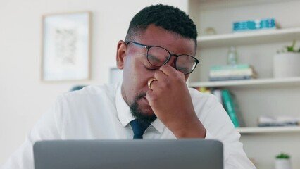 Wall Mural - Stress headache, burnout and black man in office exhausted and overwhelmed with workload. Frustrated, overworked and tired African employee with glasses and anxiety from deadline time pressure crisis