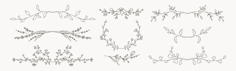 Wall Mural - Hand drawn vintage floral borders, frames, dividers with flowers, branches and leaves. Trendy greenery elements in line art style. Vector for label, corporate identity, wedding invitation, card