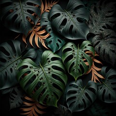 Naklejka na meble Beautiful colorful tropical leaves on dark background. Abstract background or wallpaper Generative AI.