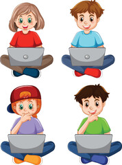 Canvas Print - Cartoon Kids Using Laptops for Online Learning