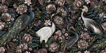 Royal Birds, Crane, Peacock, Heron. Luxury Wallpaper, Mural. Tropical Seamless Pattern, Vintage Background, 3d Art, Texture. Aesthetic Garden Flowers, Peony, Tulip, Iris, Narcissus, Olive, Fern Leaves