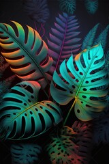 Wall Mural - Beautiful colorful tropical leaves on dark background. Abstract background or wallpaper Generative AI.