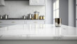 © Fonzy - Empty white marble counter top table modern kitchen for display over bright luxury kitchen background, product design on display
