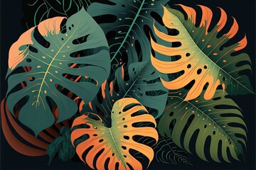  Beautiful colorful tropical leaves on dark background. Abstract background or wallpaper Generative AI.
