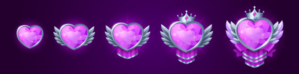 Wall Mural - Game badges of heart shape gem in silver frame. Game icons, fantasy ranking medals with purple crystal, crown, wings and pennant, vector cartoon set isolated on background