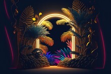 Beautiful Colorful Tropical Leaves With Neon Frame On Dark Background. Abstract Background Or Wallpaper Generative AI.