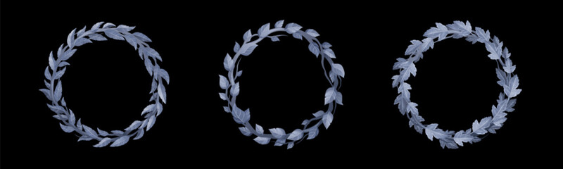 Poster - Circle frames with laurel, olive and ivy leaves. Silver round wreaths with foliate decoration for game avatars, laureate or winner certificate, vector cartoon set isolated on black background