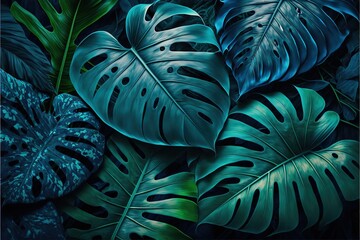 Beautiful colorful tropical leaves on dark background. Abstract background or wallpaper Generative AI.