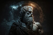 statue of zeus in front of the starry sky, mystic rune circle around his head