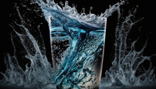 A Whirlpool In A Water Glass, The Glass Overflows, Water Splashes, Black Background