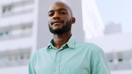 Poster - City, serious and face of business black man for success, goals and mission mindset in urban town. Leadership, motivation and portrait of male entrepreneur with confidence, ambition and ceo attitude