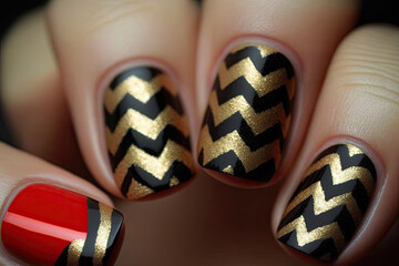 fingernails in black and gold jagged lines, red as eye catcher