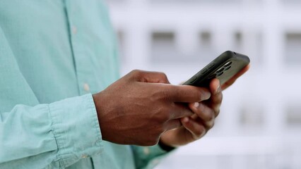 Poster - Phone, hands and black man typing outdoor for communication with 5g network connection in city. Person with smartphone for social media, online chat or mobile app for networking or travel website