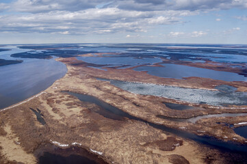 Wall Mural - Pechora River spring flood, Aerial view, Timan tundra