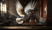 AI Generated Pigeon Flying Over Ancient Book And Clock. Gifts Of Holy Spirit Concept