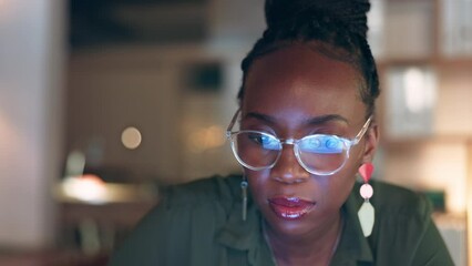 Poster - Deadline, email and black woman typing on a laptop for strategy, project management or research at night. Internet, working and African employee reading on a computer during overtime in an office