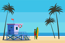 Lifeguard Tower On The Beach Palms, Surfer, Coast Ocean, Sea. Summer Tropical Landscape, Vector