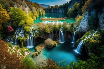 Waterfall landscape of Plitvice Lakes Croatia. stock photo Waterfall, Fantasy, Landscape - Scenery, Croatia, Plitvice Lakes National Park, AI generated