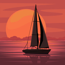 Sailboat At Sunset, Vector Illustration, Scenic Nature Seascape.
