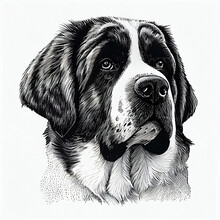 Saint Bernard Dog Portrait Illustration, Detailed Black And White Art, Created With Generative AI