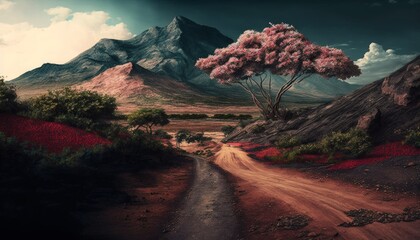 Beautiful landscape with red tree and mountains. Generative AI