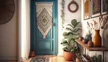 Boho Interior Style Hallway With Entrance Door And Cactus. Generative AI