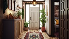 Boho Interior Style Hallway With Entrance Door And Cactus. Generative AI